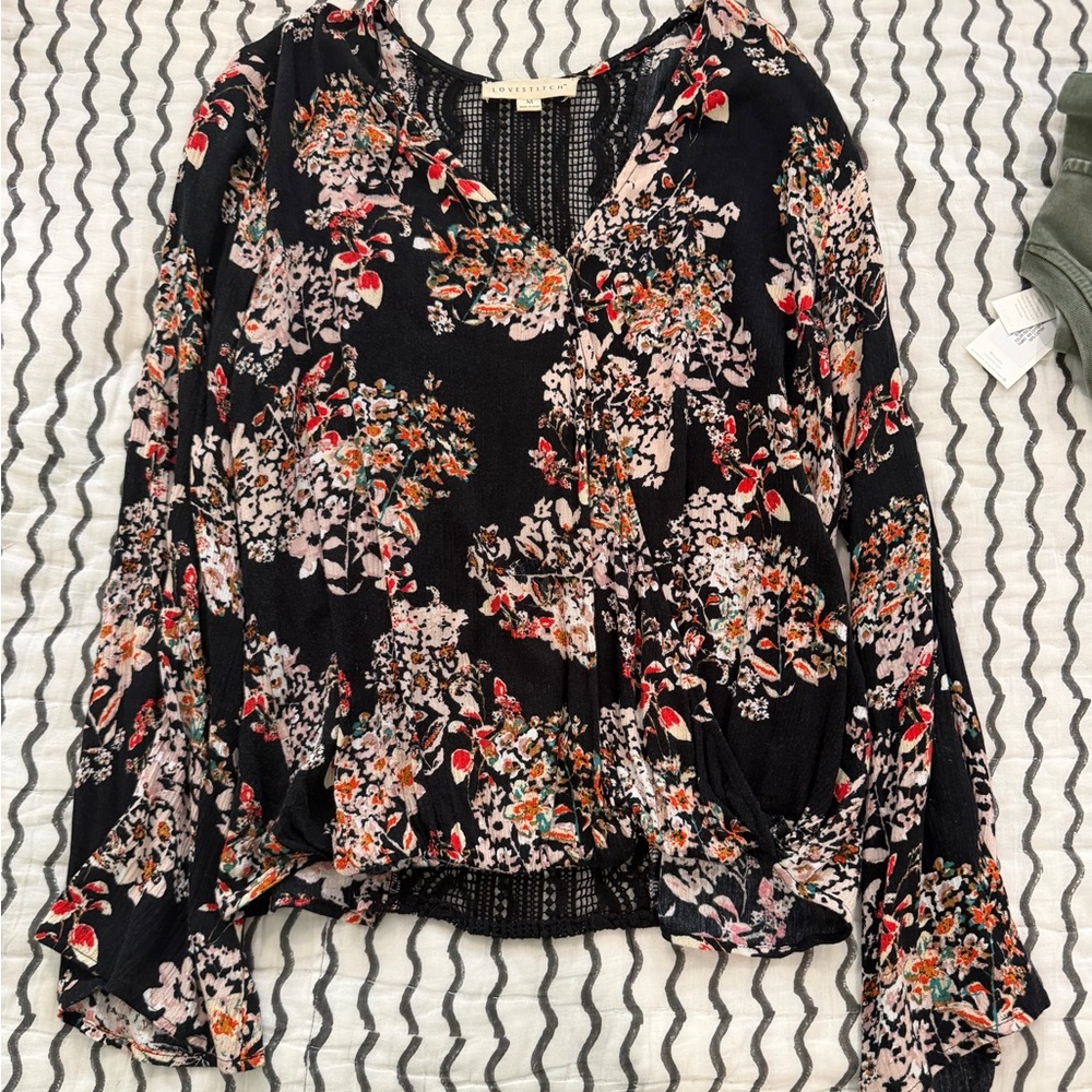 lovestitch Black Floral V-Neck Blouse with Pink and Red Accents